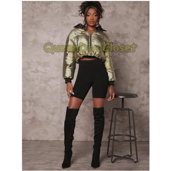 New BAE Metallic Gold Panel Zipper Up Crop Puff Puffer Coat Jacket L 8/10 - Picture 2 of 4
